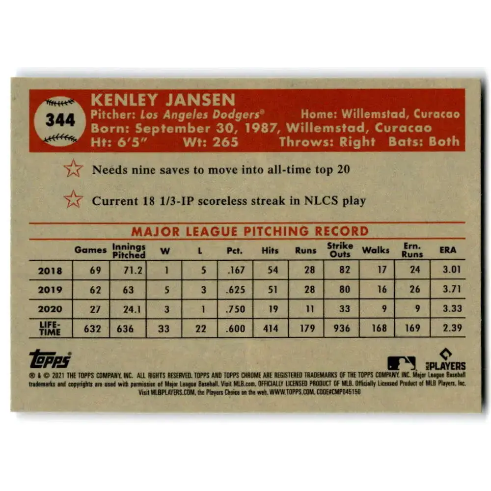 2021 Topps Chrome Platinum Anniversary #344 Kenley Jansen NM-MT Los Angeles Dodgers Baseball Card - Baseball Card Single