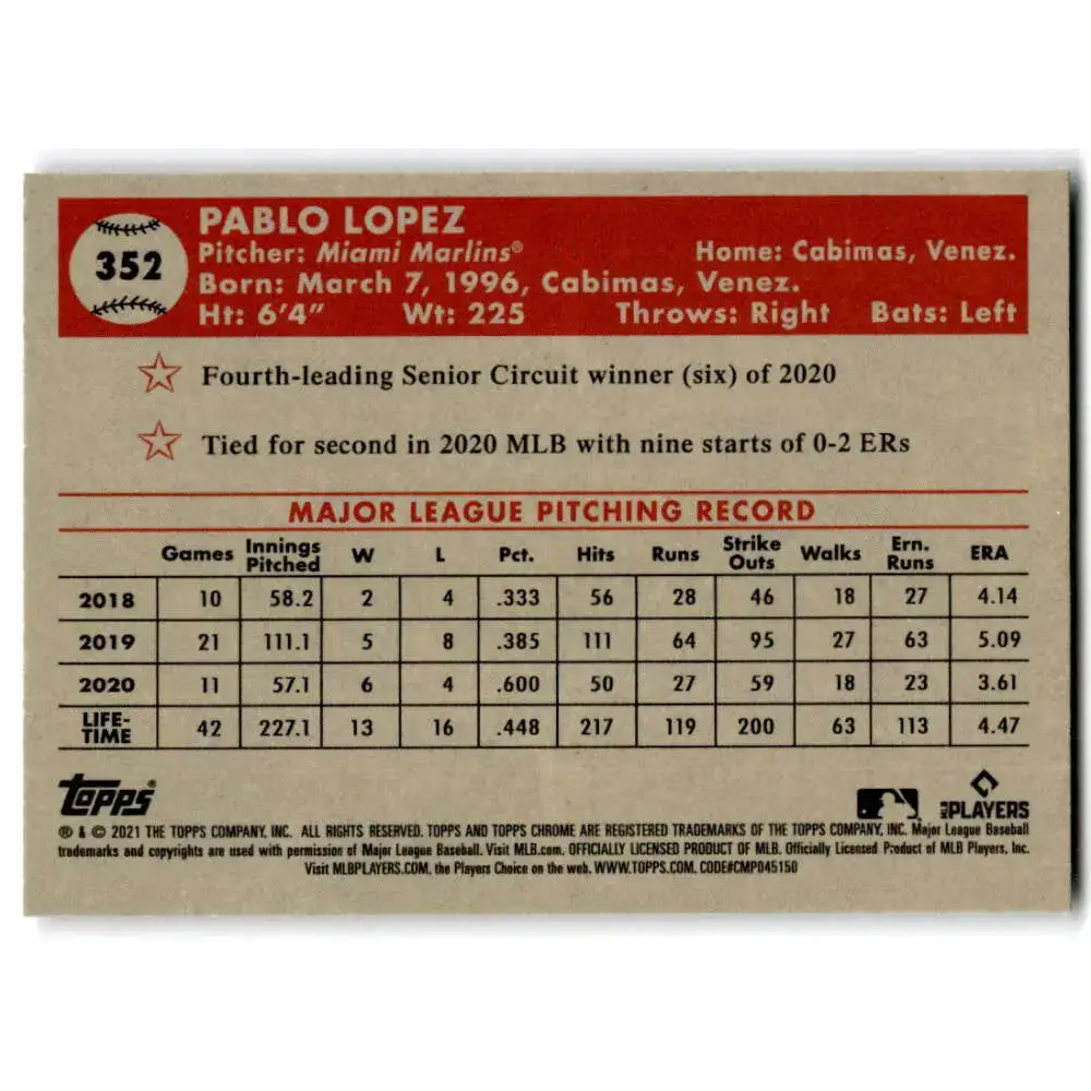 2021 Topps Chrome Platinum Anniversary #352 Pablo Lopez NM-MT Miami Marlins Baseball Card - Baseball Card Single