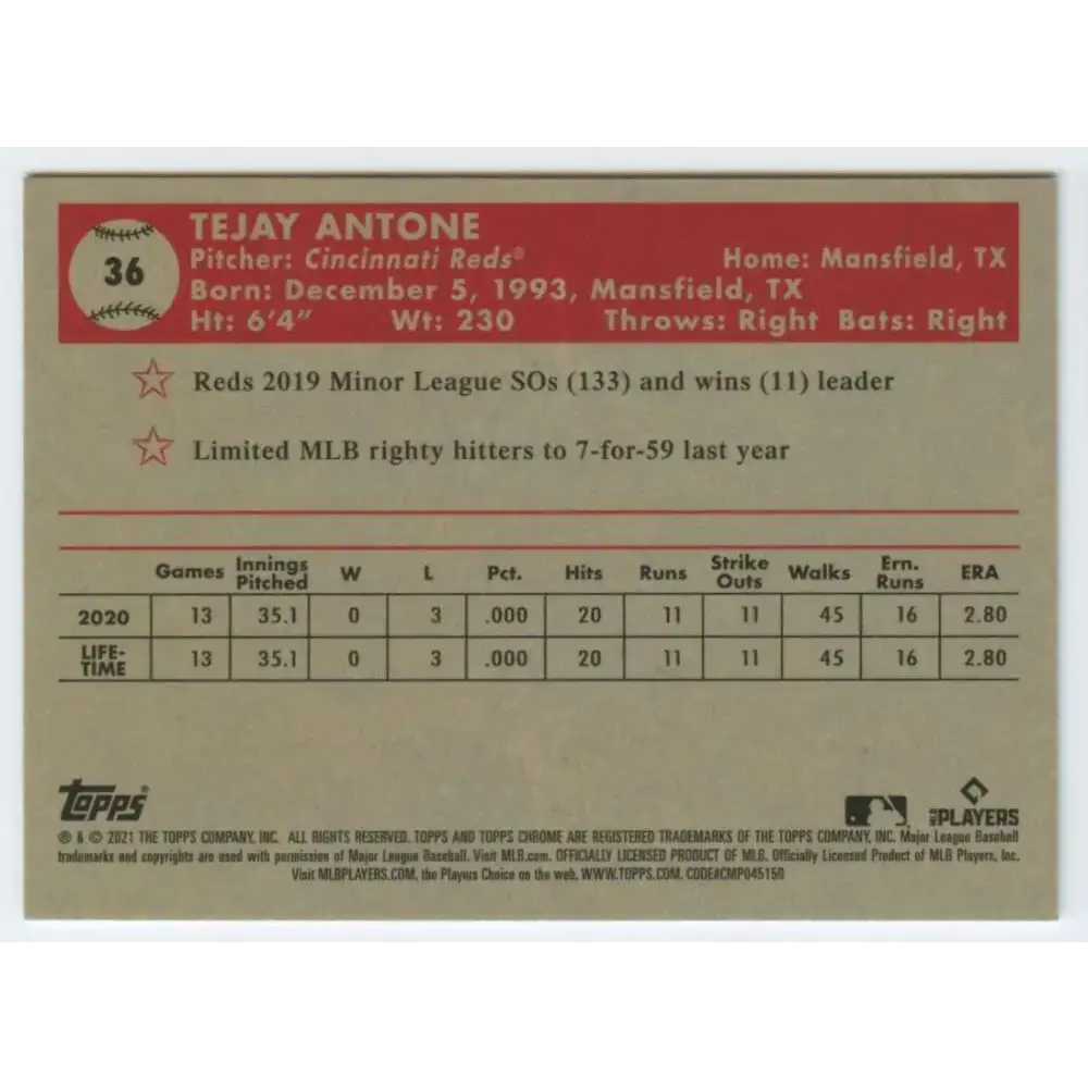 2021 Topps Chrome Platinum Anniversary #36 Tejay Antone NM-MT RC Rookie Cincinnati Reds Baseball Card - Baseball Card