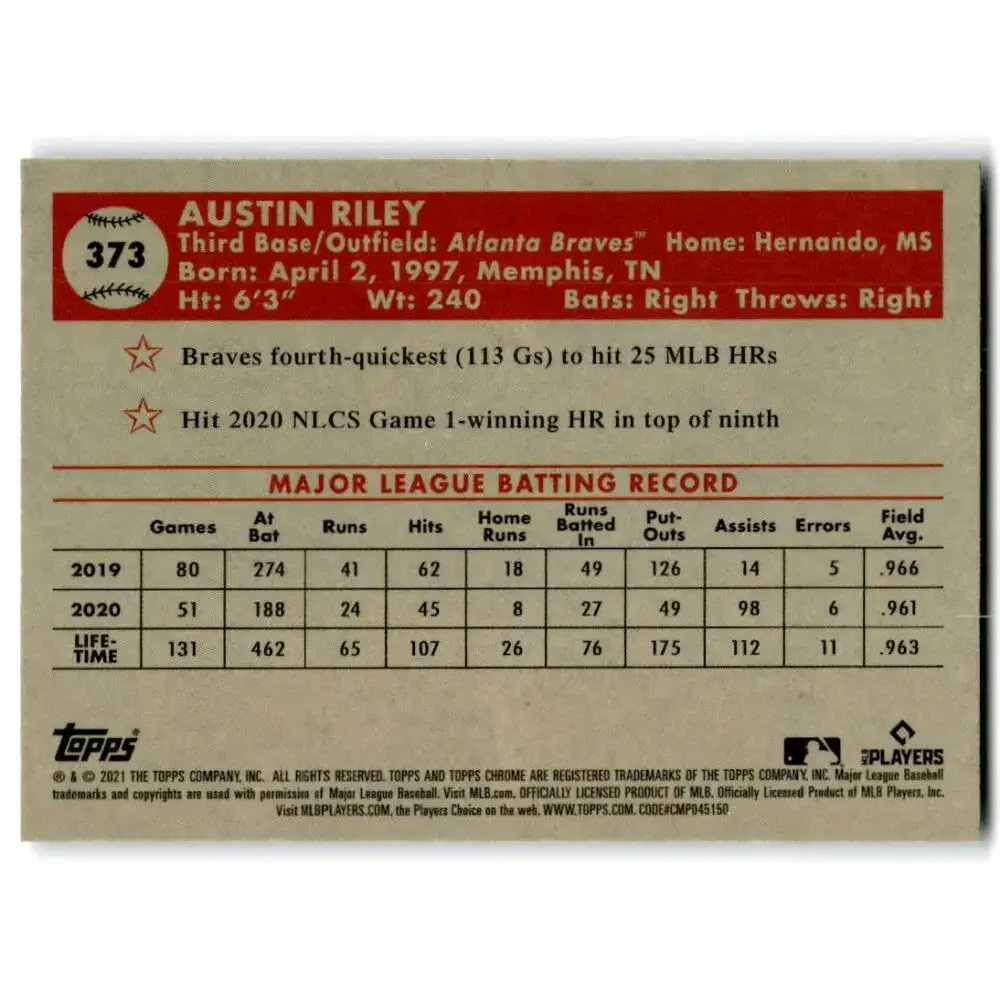 2021 Topps Chrome Platinum Anniversary #373 Austin Riley NM-MT Atlanta Braves Baseball Card - Baseball Card Single