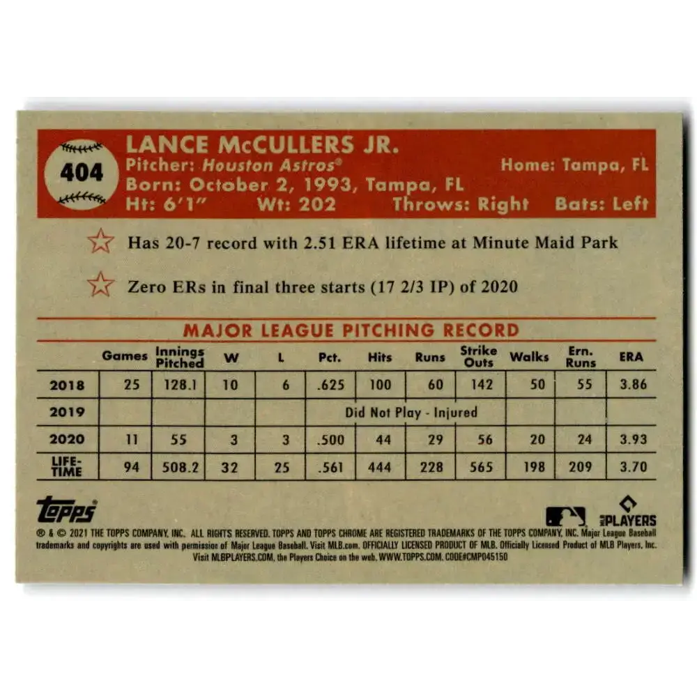 2021 Topps Chrome Platinum Anniversary #404 Lance McCullers Jr. NM-MT Houston Astros Baseball Card - Baseball Card