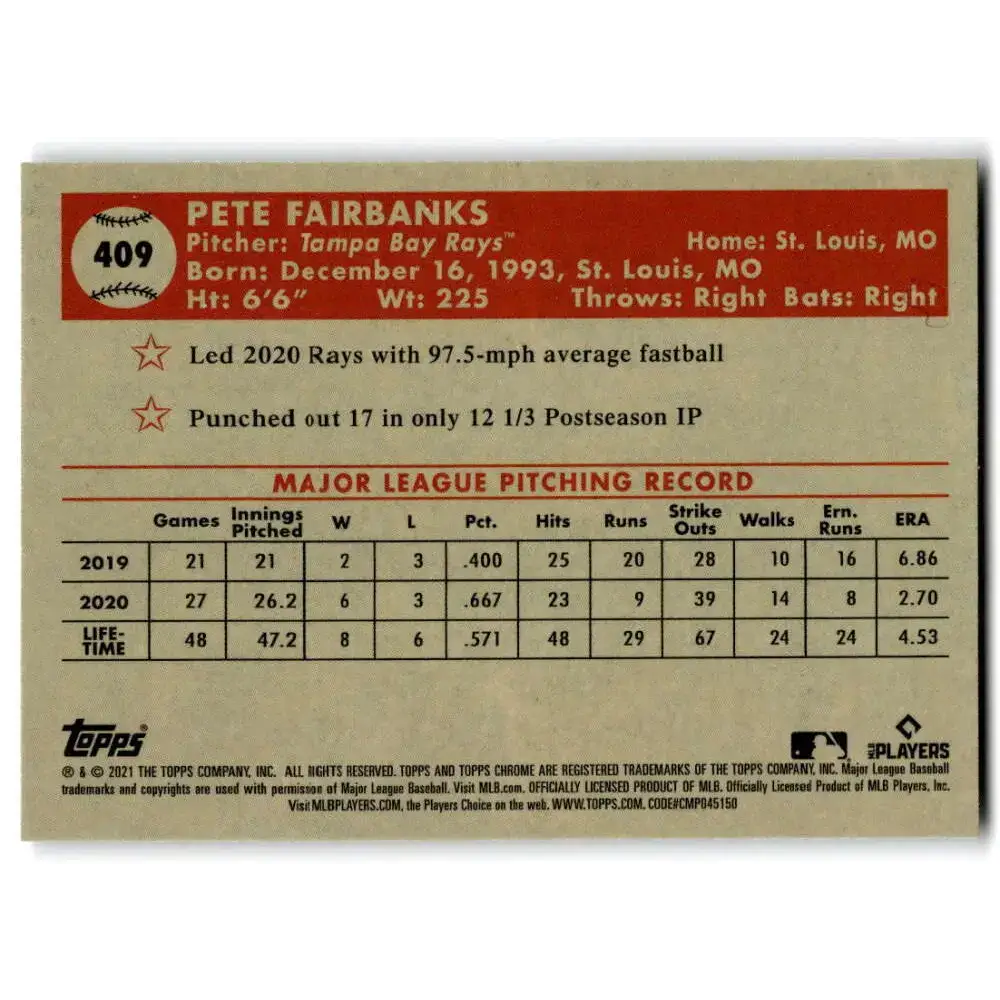 2021 Topps Chrome Platinum Anniversary #409 Pete Fairbanks NM-MT Tampa Bay Rays Baseball Card - Baseball Card Single