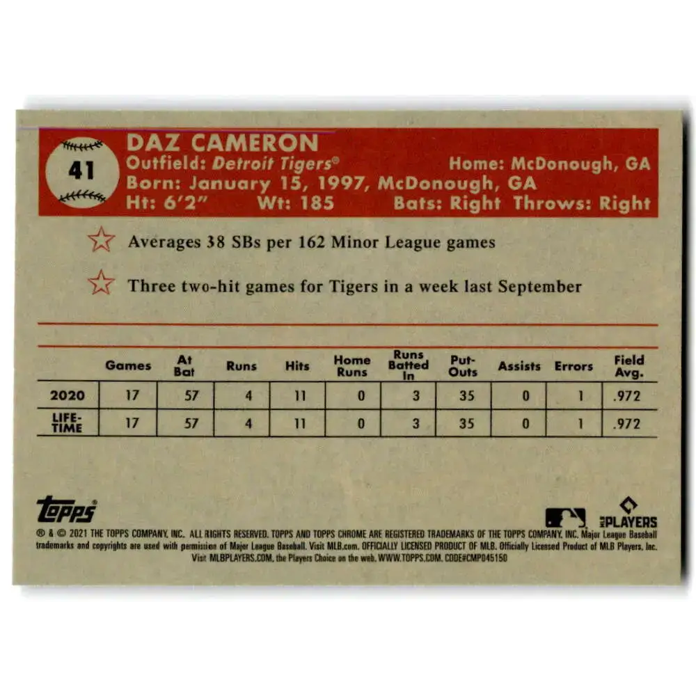 2021 Topps Chrome Platinum Anniversary #41 Daz Cameron NM-MT RC Rookie Detroit Tigers Baseball Card - Baseball Card