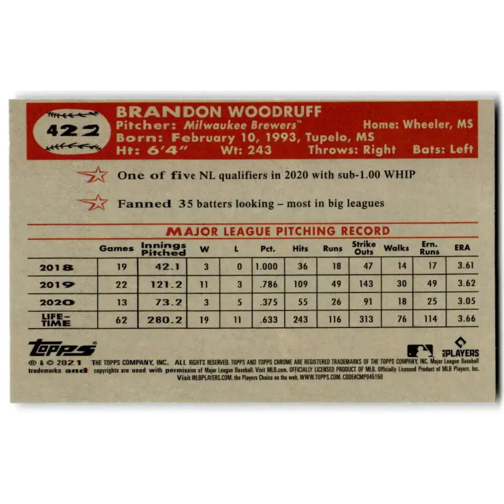 2021 Topps Chrome Platinum Anniversary #422 Brandon Woodruff NM-MT Milwaukee Brewers Baseball Card - Baseball Card