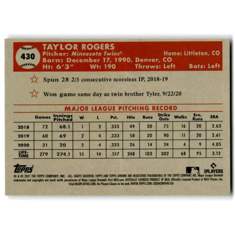 2021 Topps Chrome Platinum Anniversary #430 Taylor Rogers NM-MT Minnesota Twins Baseball Card - Baseball Card Single