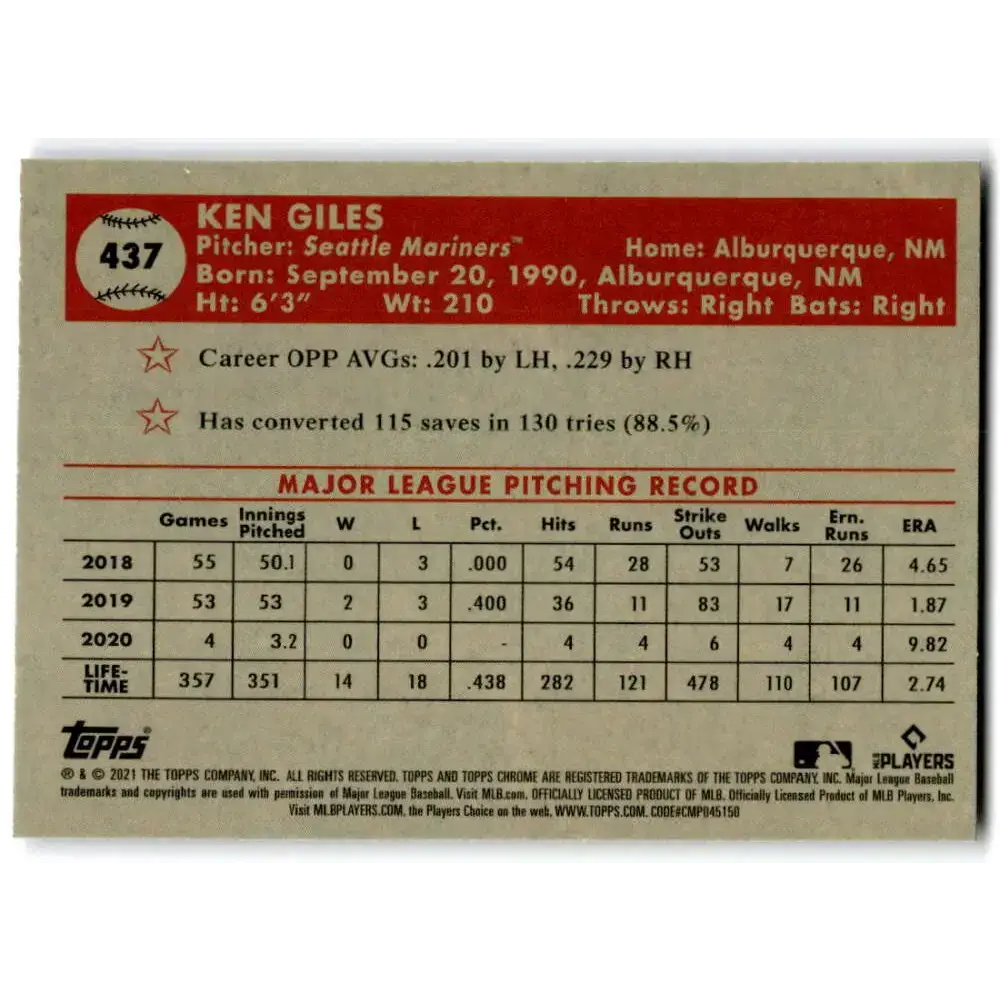 2021 Topps Chrome Platinum Anniversary #437 Ken Giles NM-MT Seattle Mariners Baseball Card - Baseball Card Single