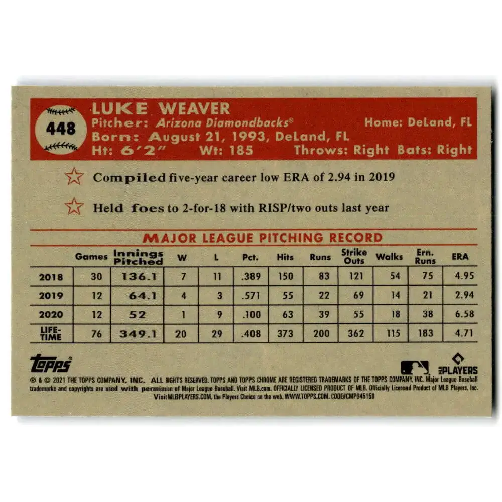 2021 Topps Chrome Platinum Anniversary #448 Luke Weaver NM-MT Arizona Diamondbacks Baseball Card - Baseball Card Single