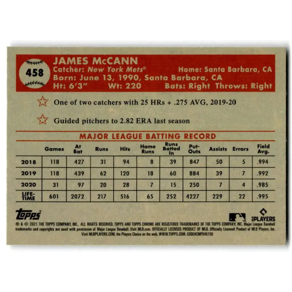 2021 Topps Chrome Platinum Anniversary #458 James McCann NM-MT New York Mets Baseball Card - Baseball Card Single