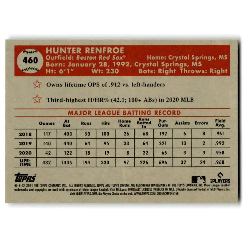 2021 Topps Chrome Platinum Anniversary #460 Hunter Renfroe NM-MT Boston Red Sox Baseball Card - Baseball Card Single