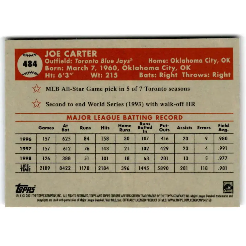 2021 Topps Chrome Platinum Anniversary #484 Joe Carter NM-MT Toronto Blue Jays Baseball Card - Baseball Card Single