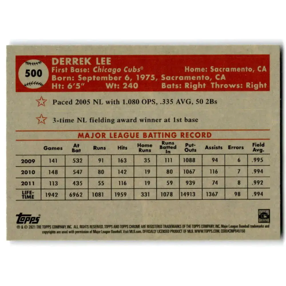 2021 Topps Chrome Platinum Anniversary #500 Derrek Lee NM-MT Chicago Cubs Baseball Card - Baseball Card Single