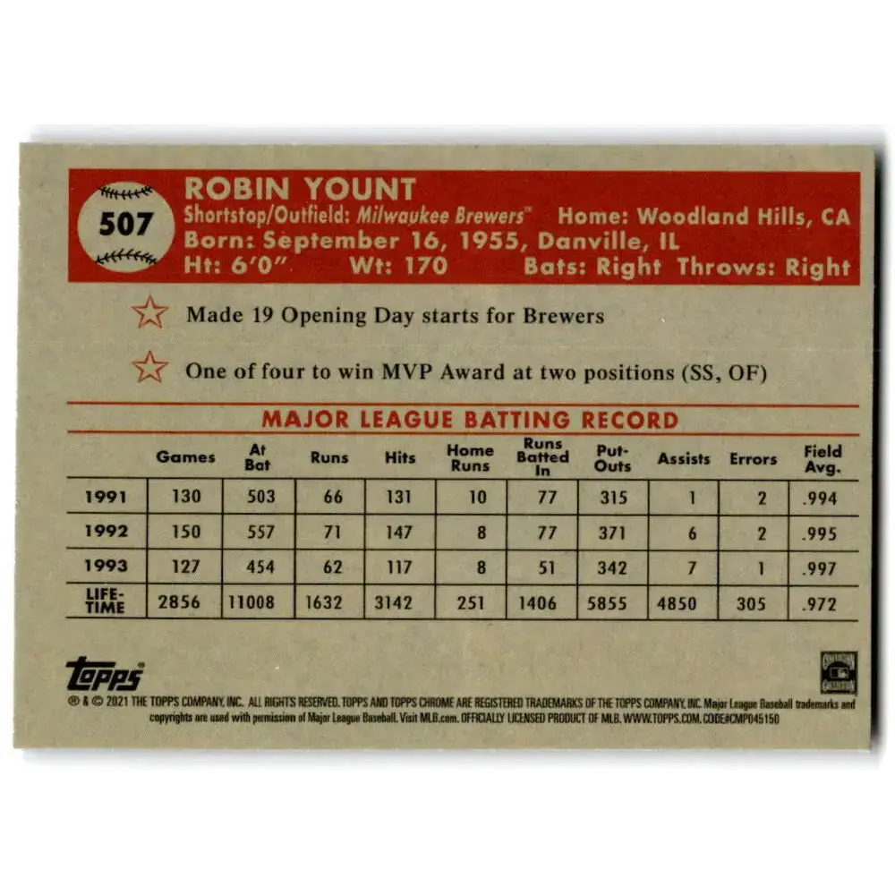 2021 Topps Chrome Platinum Anniversary #507 Robin Yount NM-MT Milwaukee Brewers Baseball Card - Baseball Card Single