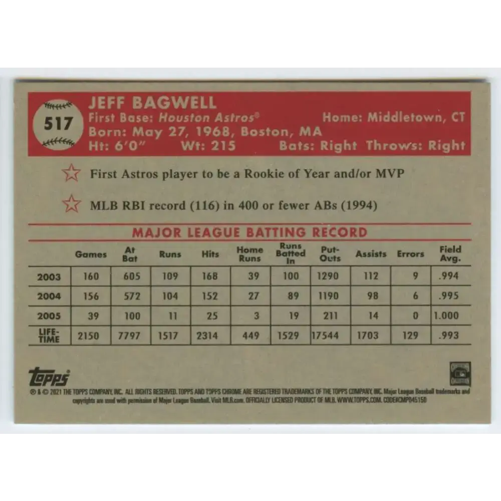 2021 Topps Chrome Platinum Anniversary #517 Jeff Bagwell NM-MT Houston Astros Baseball Card - Baseball Card Single
