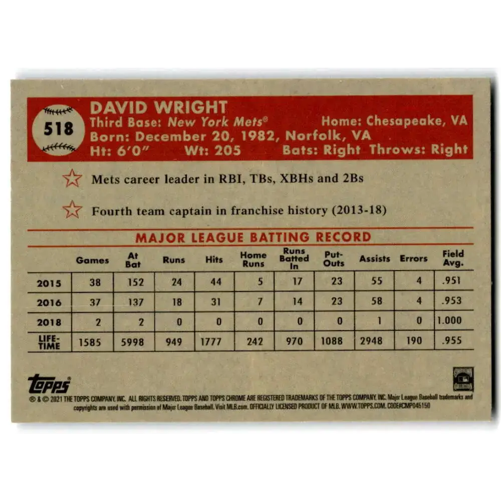 2021 Topps Chrome Platinum Anniversary #518 David Wright NM-MT New York Mets Baseball Card - Baseball Card Single