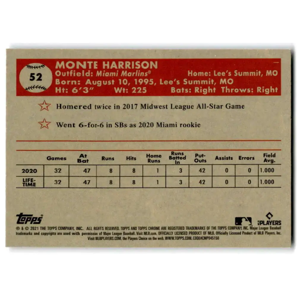 2021 Topps Chrome Platinum Anniversary #52 Monte Harrison NM-MT RC Rookie Miami Marlins Baseball Card - Baseball Card