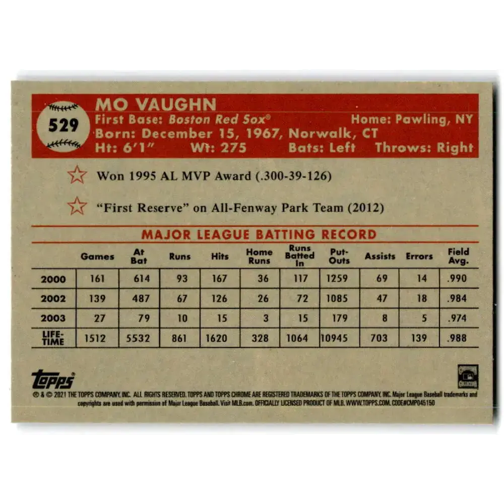 2021 Topps Chrome Platinum Anniversary #529 Mo Vaughn NM-MT Boston Red Sox Baseball Card - Baseball Card Single
