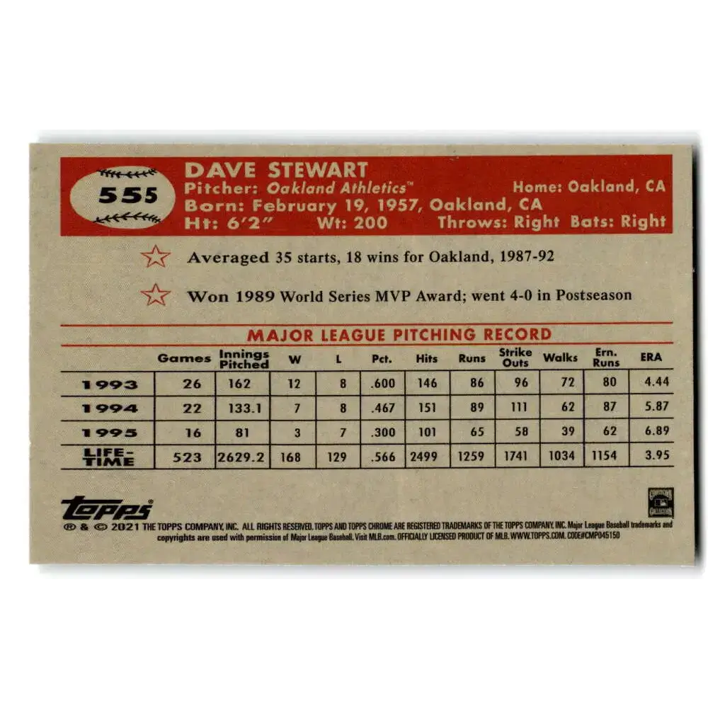 2021 Topps Chrome Platinum Anniversary #555 Dave Stewart NM-MT Oakland Athletics Baseball Card - Baseball Card Single