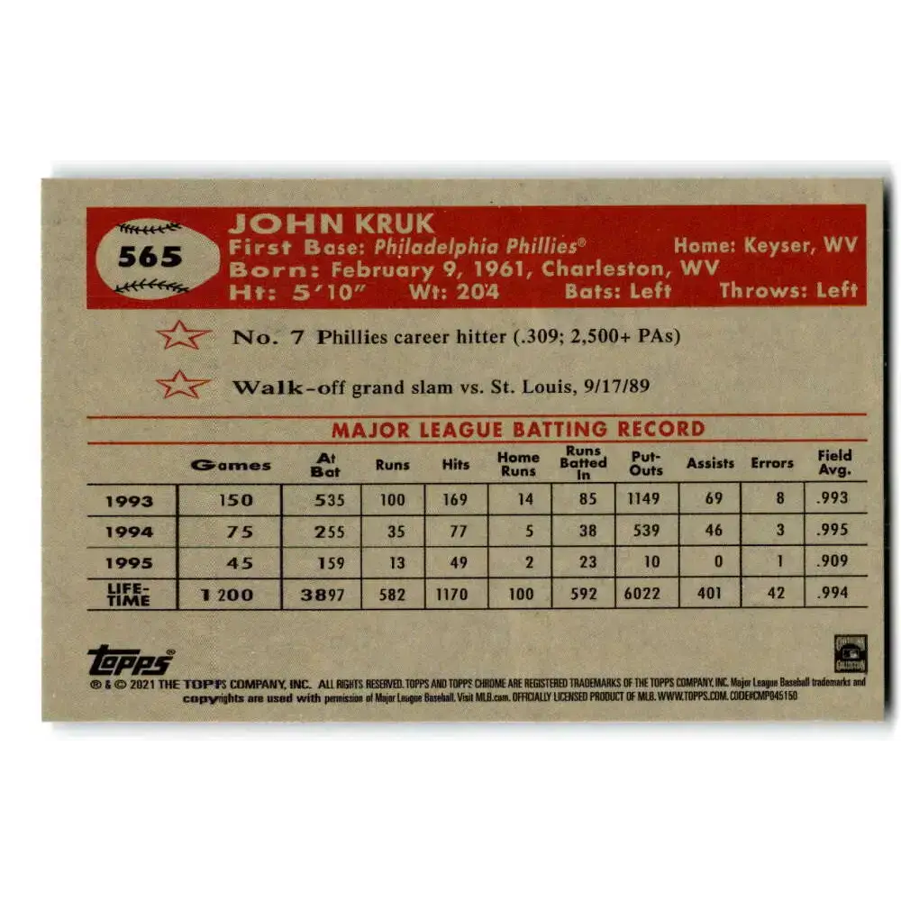 2021 Topps Chrome Platinum Anniversary #565 John Kruk NM-MT Philadelphia Phillies Baseball Card - Baseball Card Single