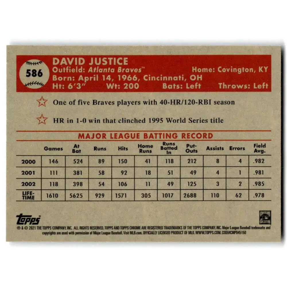 2021 Topps Chrome Platinum Anniversary #586 David Justice NM-MT Atlanta Braves Baseball Card - Baseball Card Single
