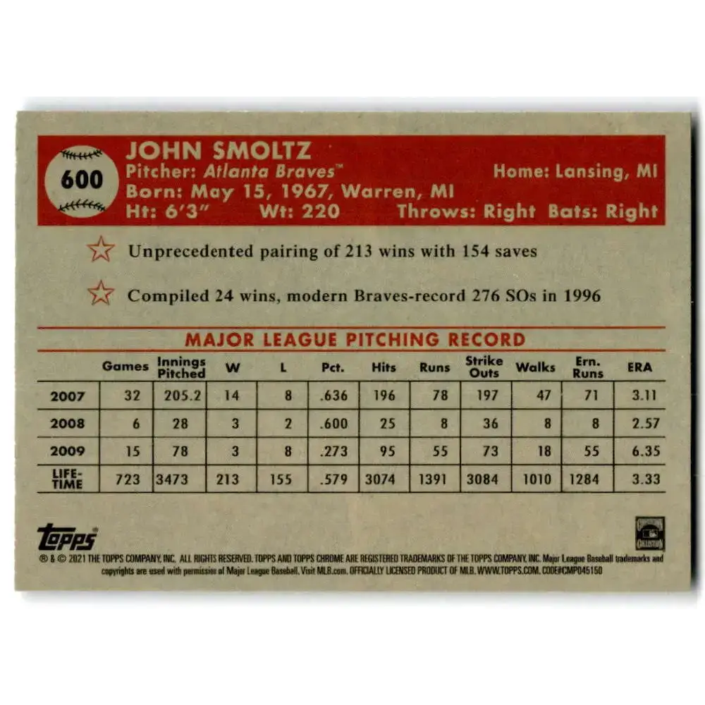 2021 Topps Chrome Platinum Anniversary #600 John Smoltz NM-MT Atlanta Braves Baseball Card - Baseball Card Single
