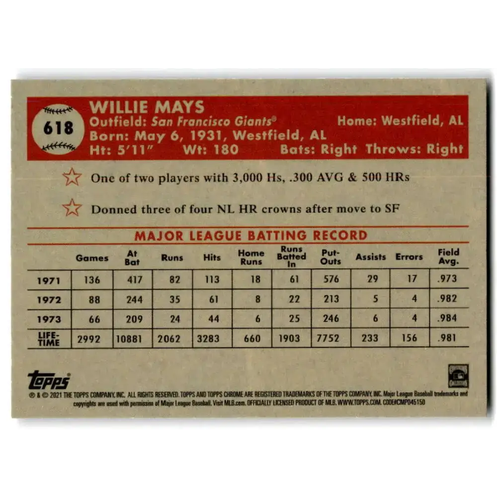 2021 Topps Chrome Platinum Anniversary #618 Willie Mays NM-MT San Francisco Giants Baseball Card - Baseball Card Single