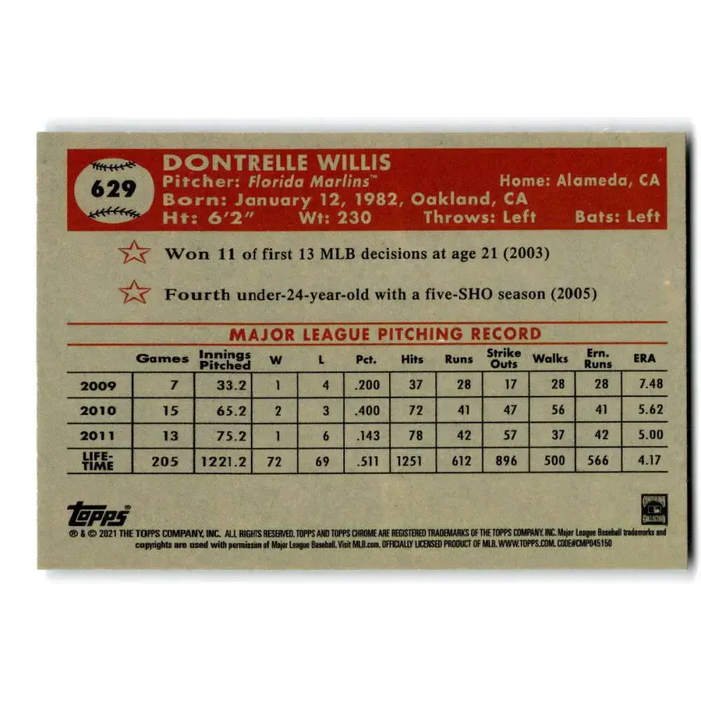 2021 Topps Chrome Platinum Anniversary #629 Dontrelle Willis NM-MT Florida Marlins Baseball Card - Baseball Card Single