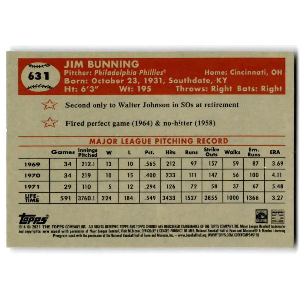 2021 Topps Chrome Platinum Anniversary #631 Jim Bunning NM-MT Philadelphia Phillies Baseball Card - Baseball Card Single
