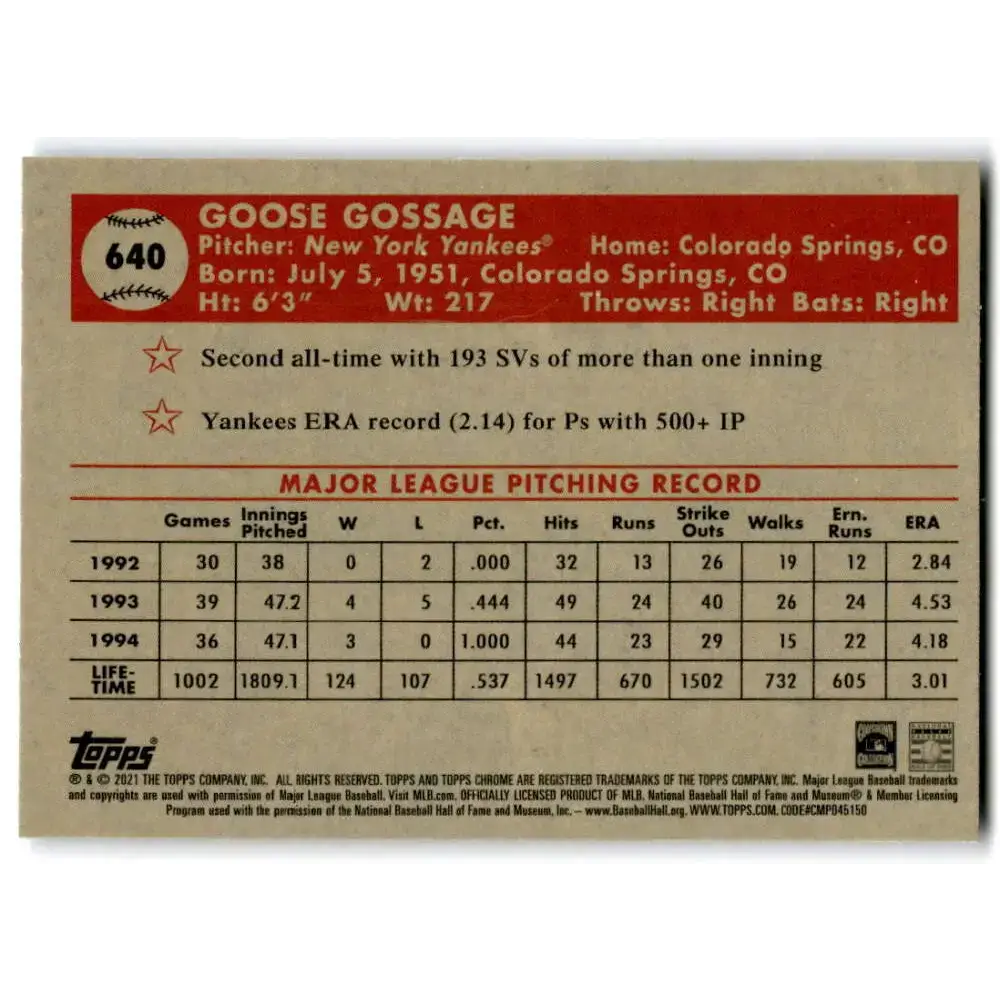 2021 Topps Chrome Platinum Anniversary #640 Goose Gossage NM-MT New York Yankees Baseball Card - Baseball Card Single