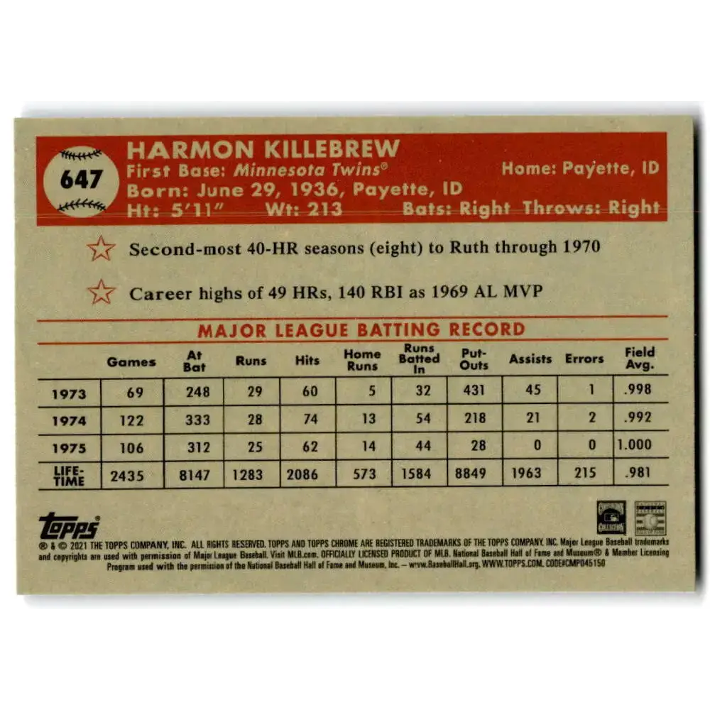 2021 Topps Chrome Platinum Anniversary #647 Harmon Killebrew NM-MT Minnesota Twins Baseball Card - Baseball Card Single