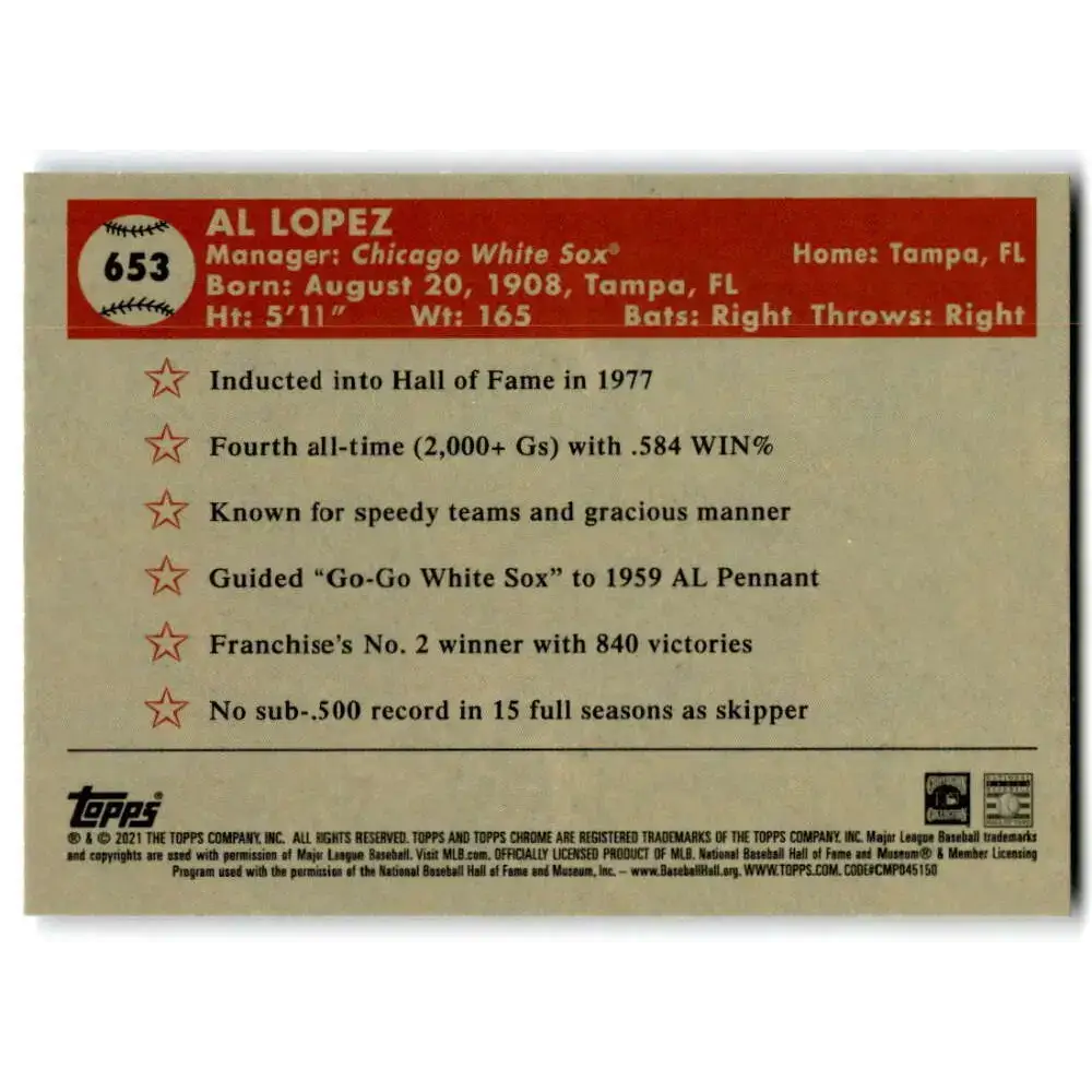 2021 Topps Chrome Platinum Anniversary #653 Al Lopez NM-MT Chicago White Sox Baseball Card - Baseball Card Single