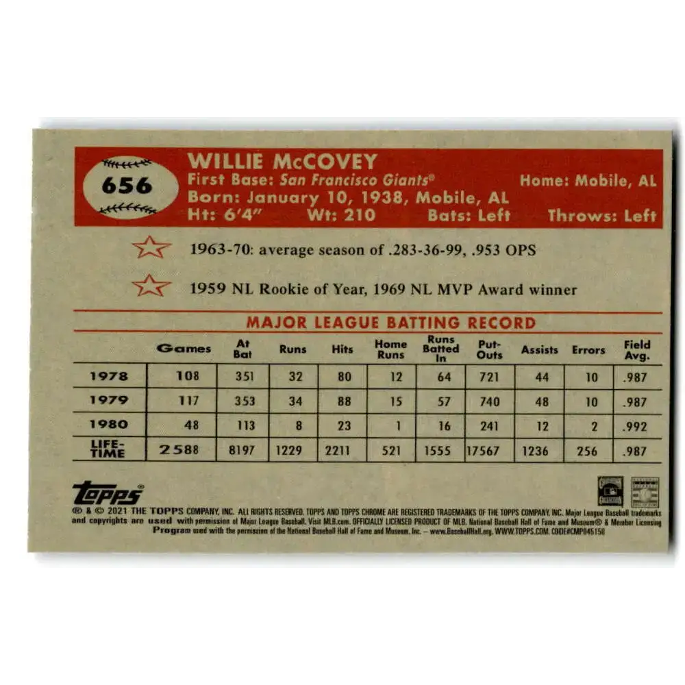 2021 Topps Chrome Platinum Anniversary #656 Willie McCovey NM-MT San Francisco Giants Baseball Card - Baseball Card