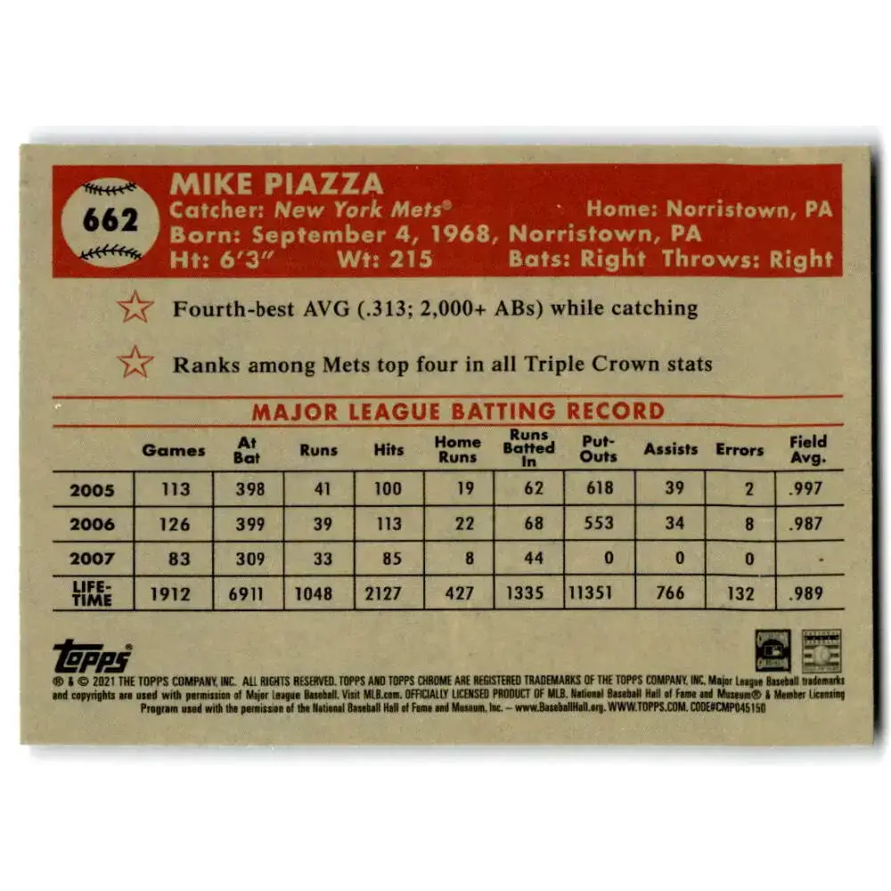 2021 Topps Chrome Platinum Anniversary #662 Mike Piazza NM-MT New York Mets Baseball Card - Baseball Card Single