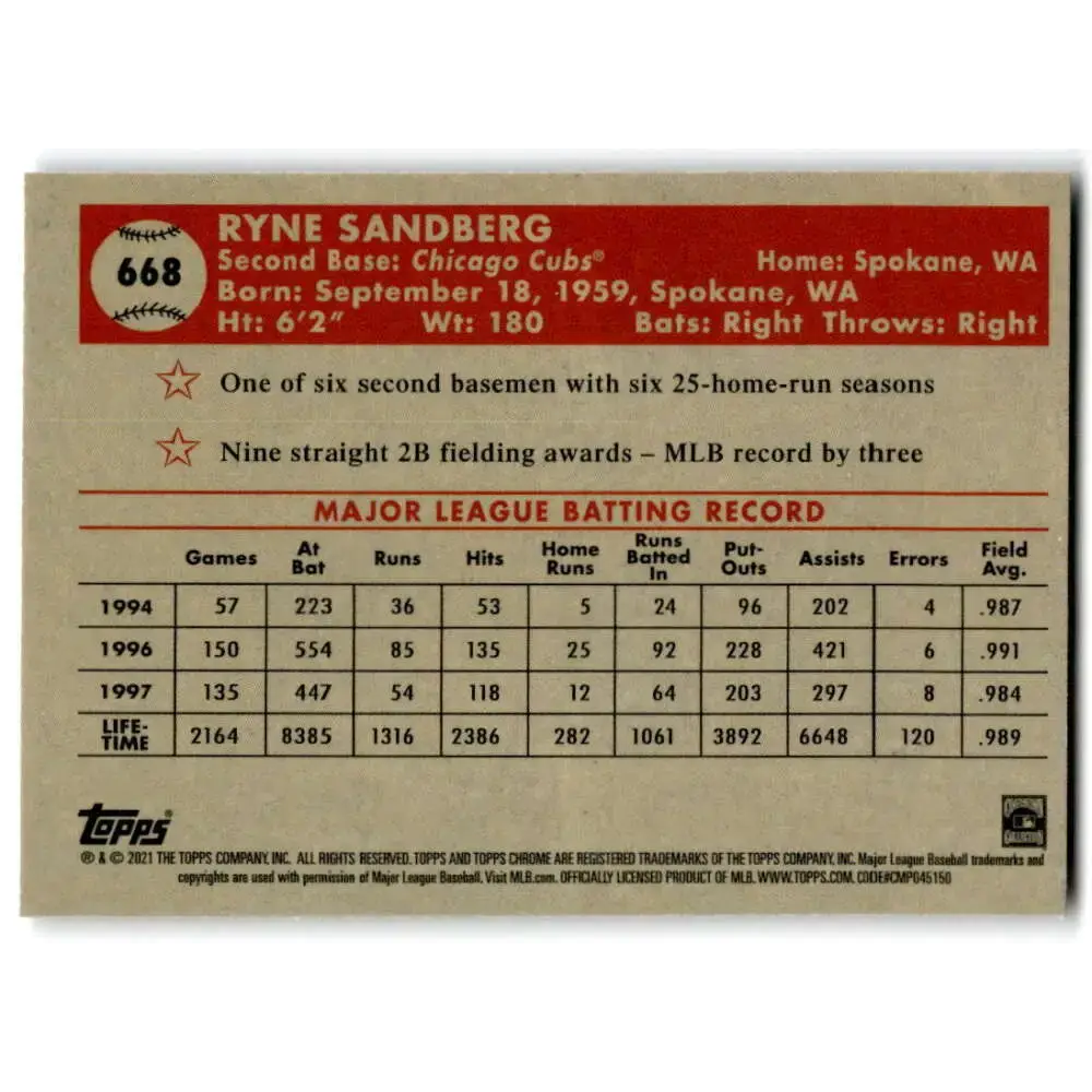 2021 Topps Chrome Platinum Anniversary #668 Ryne Sandberg NM-MT Chicago Cubs Baseball Card - Baseball Card Single
