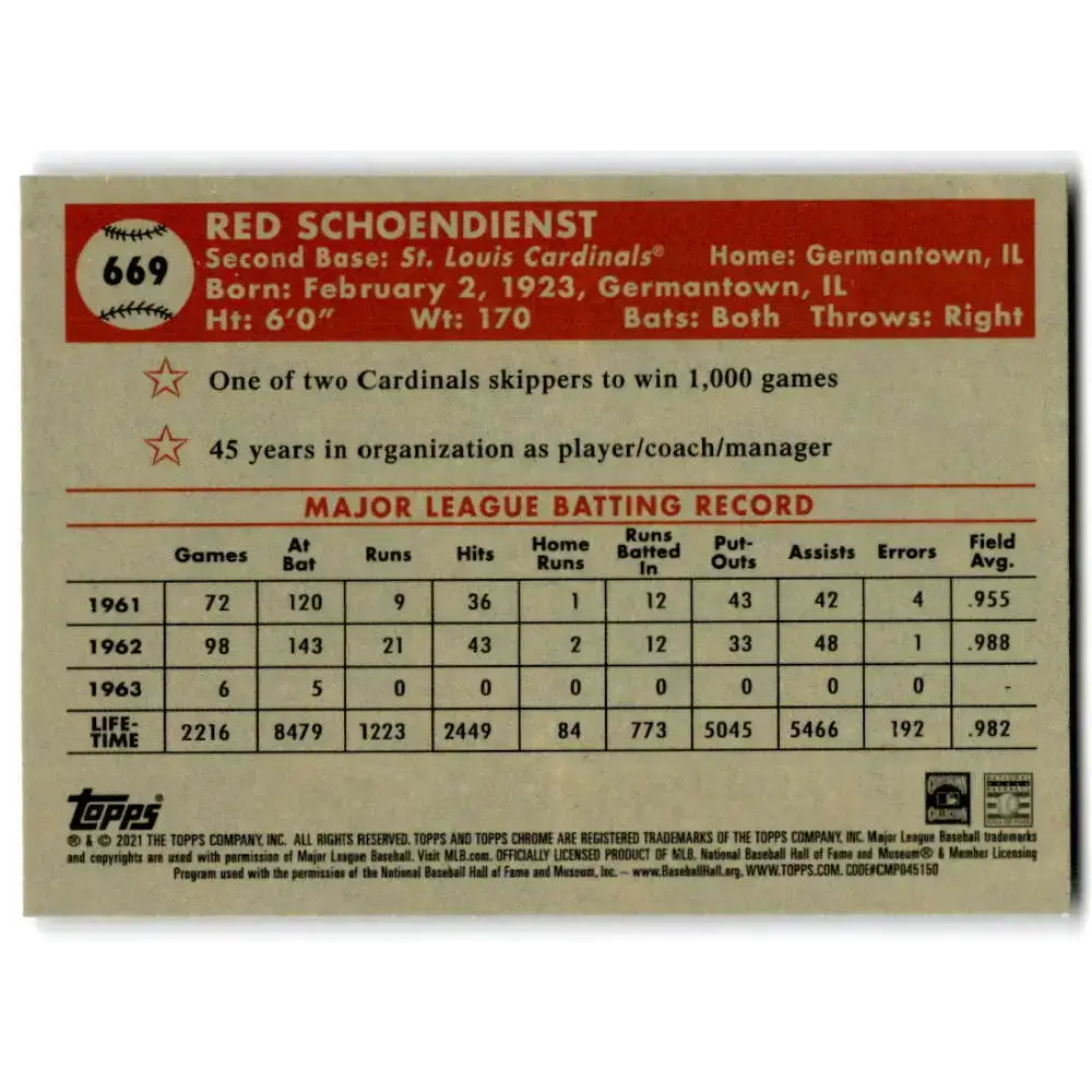 2021 Topps Chrome Platinum Anniversary #669 Red Schoendienst NM-MT St. Louis Cardinals Baseball Card - Baseball Card