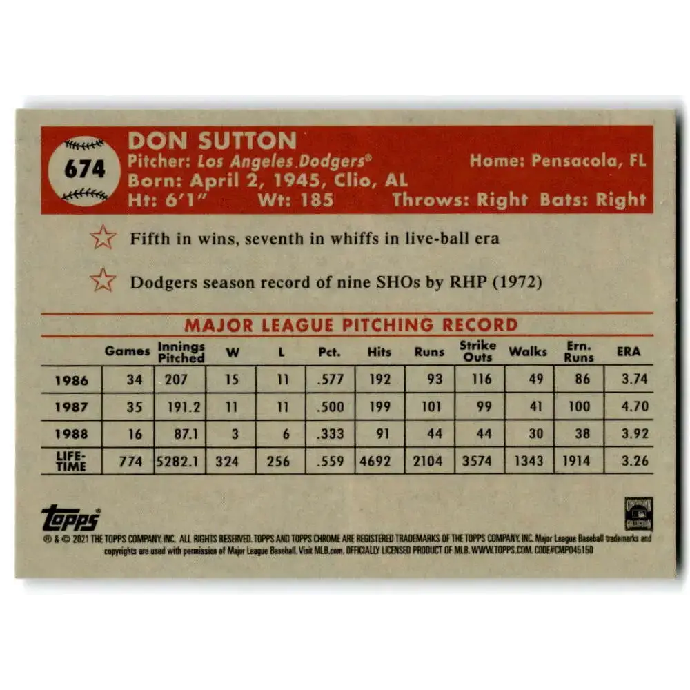 2021 Topps Chrome Platinum Anniversary #674 Don Sutton NM-MT Los Angeles Dodgers Baseball Card - Baseball Card Single
