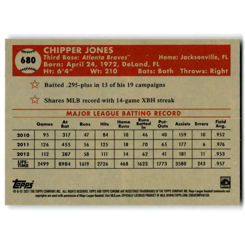 2021 Topps Chrome Platinum Anniversary #680 Chipper Jones NM-MT Atlanta Braves Baseball Card - Baseball Card Single