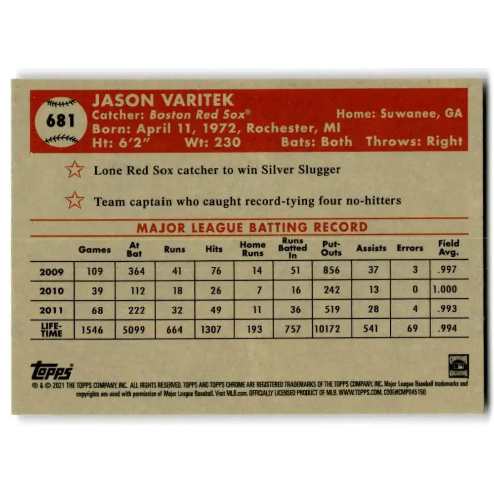 2021 Topps Chrome Platinum Anniversary #681 Jason Varitek NM-MT Boston Red Sox Baseball Card - Baseball Card Single