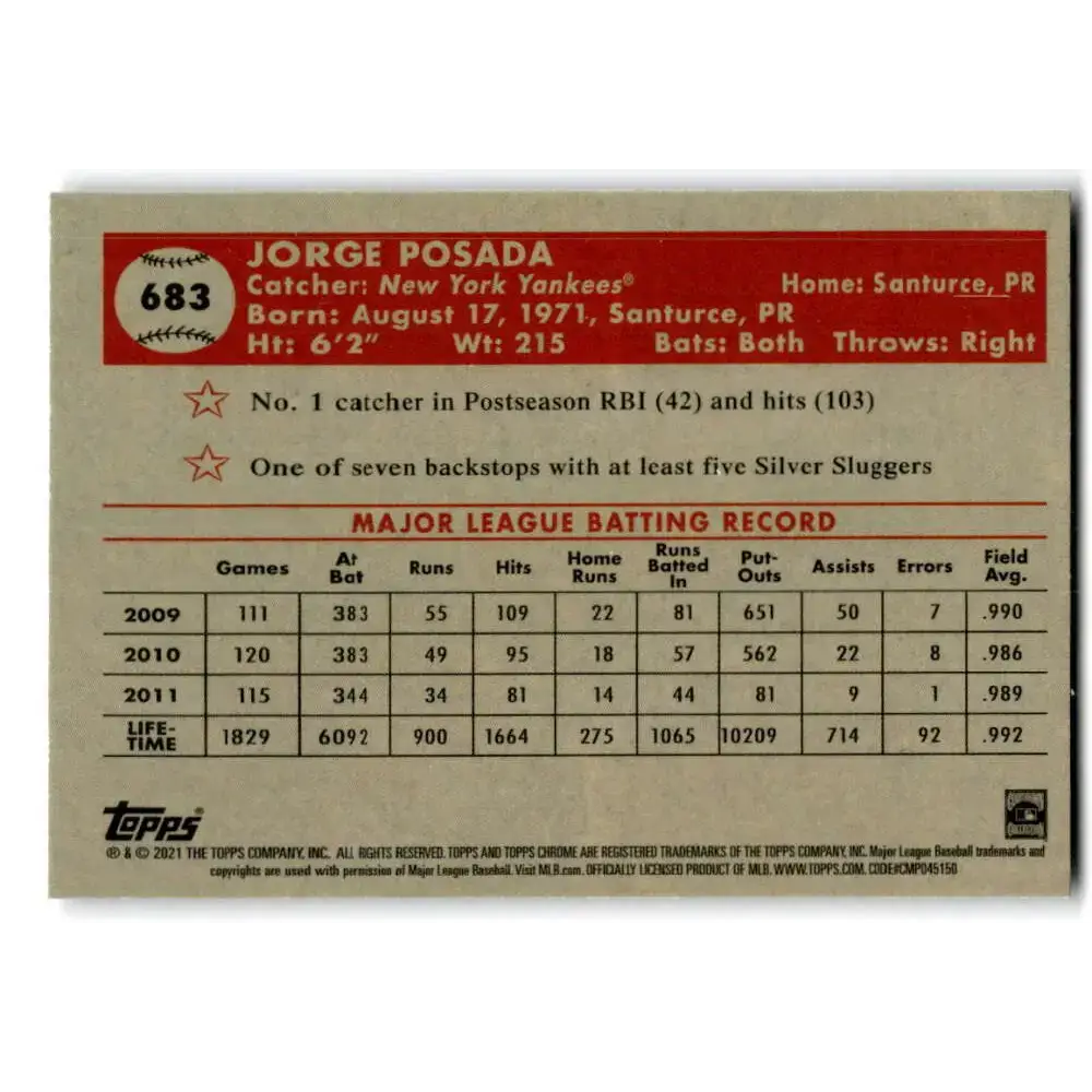 2021 Topps Chrome Platinum Anniversary #683 Jorge Posada NM-MT New York Yankees Baseball Card - Baseball Card Single