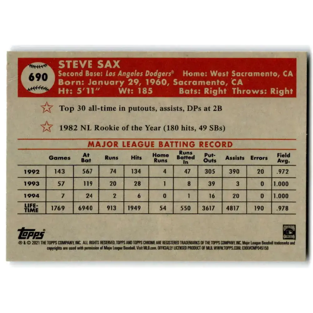 2021 Topps Chrome Platinum Anniversary #690 Steve Sax NM-MT Los Angeles Dodgers Baseball Card - Baseball Card Single