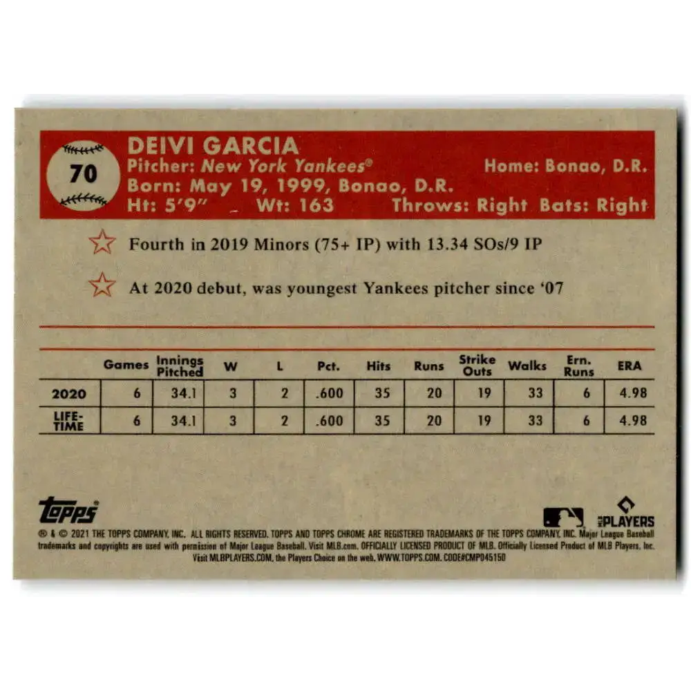 2021 Topps Chrome Platinum Anniversary #70 Deivi Garcia NM-MT RC Rookie New York Yankees Baseball Card - Baseball Card