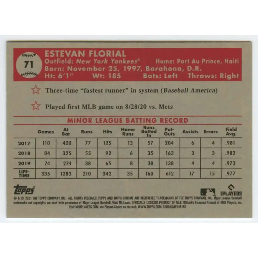 2021 Topps Chrome Platinum Anniversary #71 Estevan Florial NM-MT RC Rookie New York Yankees Baseball Card - Baseball
