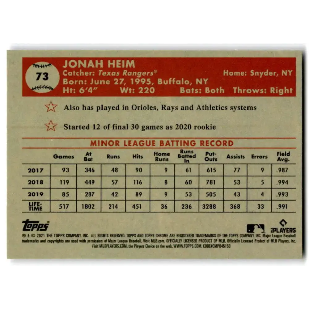 2021 Topps Chrome Platinum Anniversary #73 Jonah Heim NM-MT RC Rookie Texas Rangers Baseball Card - Baseball Card Single