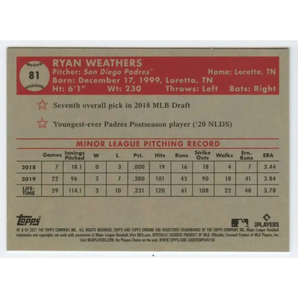2021 Topps Chrome Platinum Anniversary #81 Ryan Weathers NM-MT RC Rookie San Diego Padres Baseball Card - Baseball Card