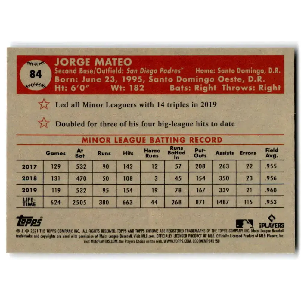 2021 Topps Chrome Platinum Anniversary #84 Jorge Mateo NM-MT RC Rookie San Diego Padres Baseball Card - Baseball Card