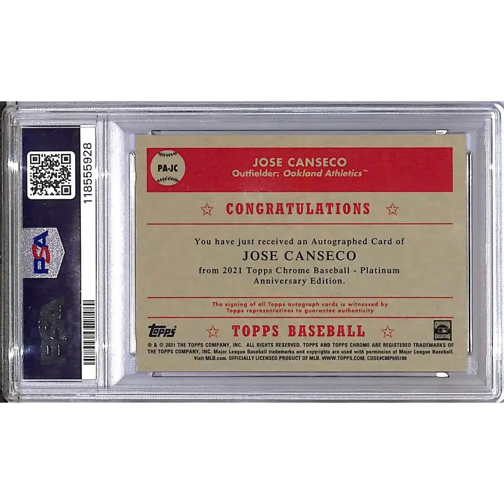 2021 Topps Chrome Platinum Anniversary #PA-JC Jose Canseco PSA 9 MINT Auto Oakland Athletics - Baseball Card Single