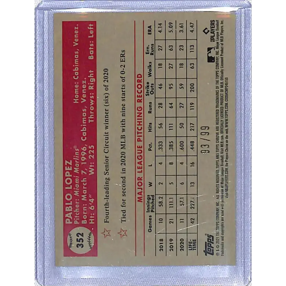 2021 Topps Chrome Platinum Anniversary Refractor Green/Yellow 70th #352 Pablo Lopez NM-MT 93/99 Miami Marlins Baseball