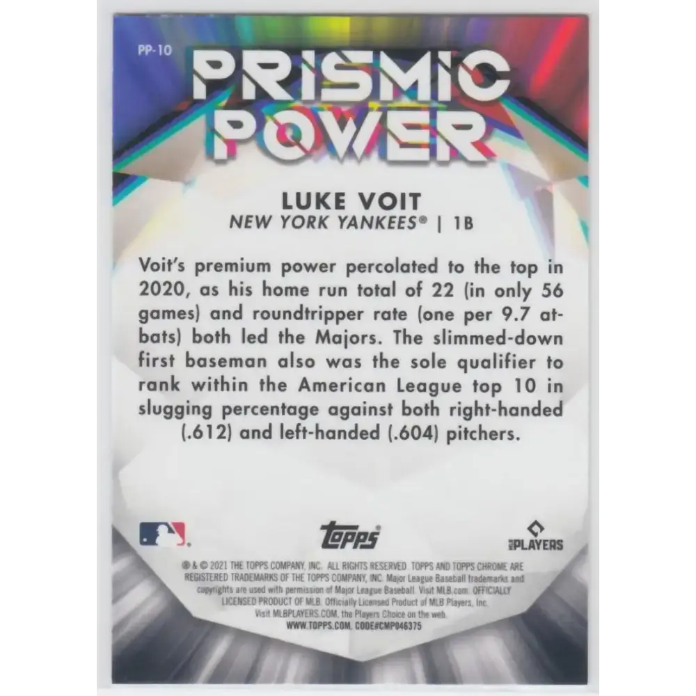 2021 Topps Chrome Prismic Power Refractor #PP-10 Luke Voit NM-MT New York Yankees Baseball Card - Baseball Card Single