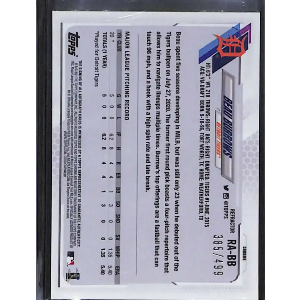 2021 Topps Chrome #RA-BB Beau Burrows Rookie Auto Refractor #/499 NM-MT Baseball Card - Baseball Card Single