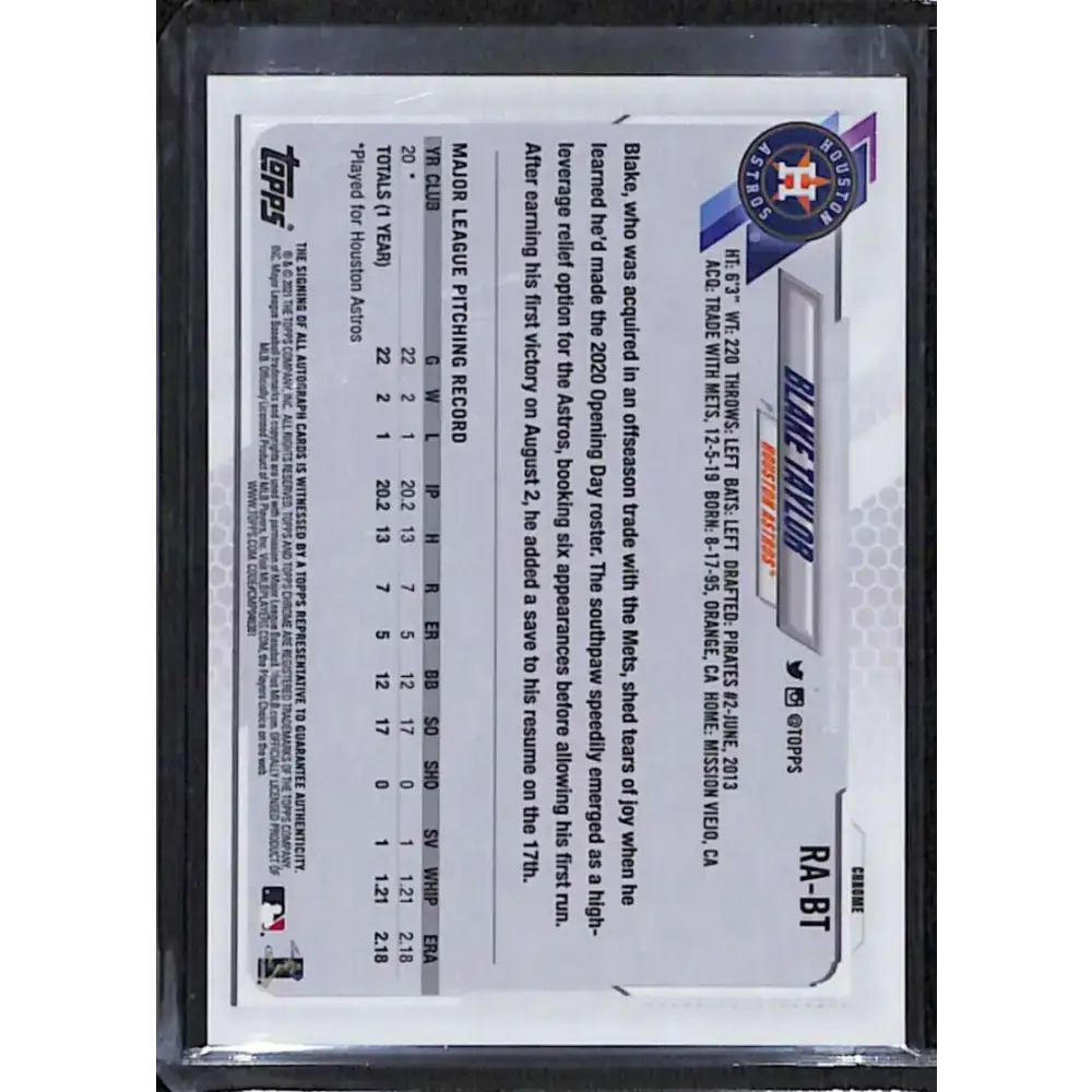 2021 Topps Chrome #RA-BT Blake Taylor Rookie Auto NM-MT Baseball Card - Baseball Card Single