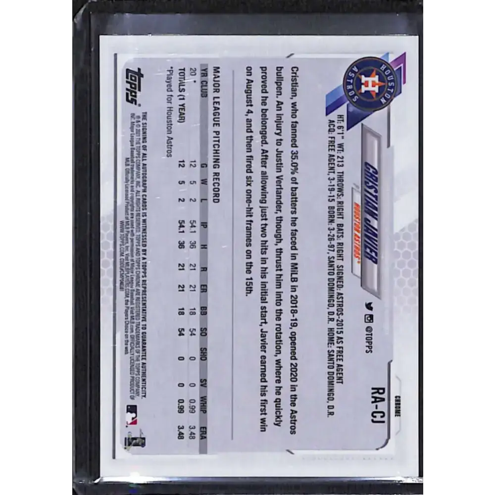 2021 Topps Chrome #RA-CJ Cristian Javier Rookie Auto NM-MT Baseball Card - Baseball Card Single